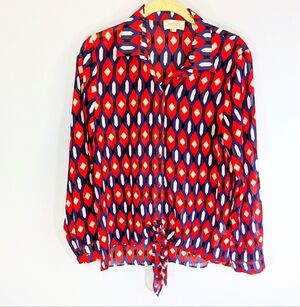 Laundry Shelli Segal Geometric Print Tie Waist Lightweight Button Down Blouse